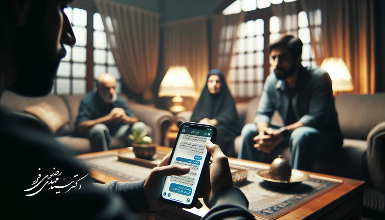 تصویر واقع‌گرایانه از تلفن همراه با پیام‌های خانوادگی و بحث، مرتبط با نشر اکاذیب خانوادگی و شایعات در گروه‌های فامیلی