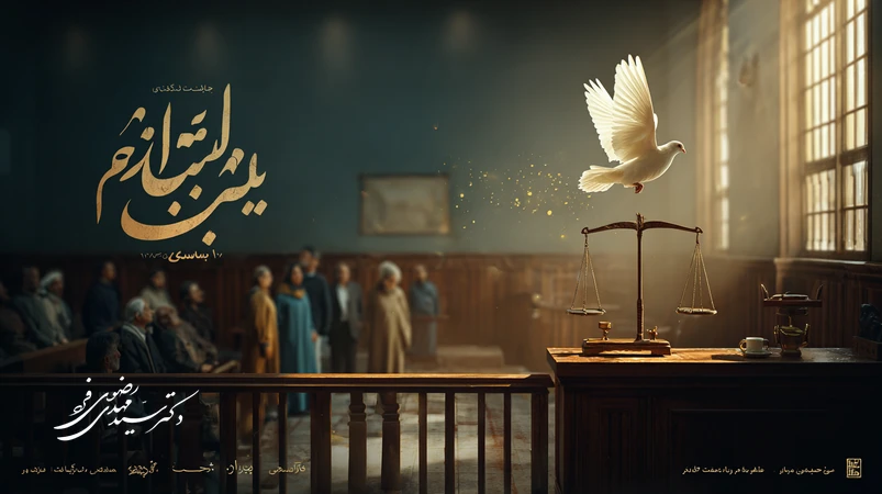 تصویر مفهومی از بخشش در پرونده کیفری در ایران؛ ترازوی عدالت، رهایی کبوتر و هاله‌ای از آیات قرآن با حس امید و عدالت ترمیمی.
