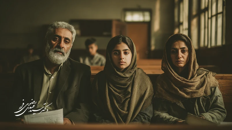 خانواده ایرانی در راهروی دادگاه در حال تصمیم‌گیری درباره قصاص یا گذشت در پرونده قتل، با تمرکز بر مفهوم بخشش و عدالت کیفری