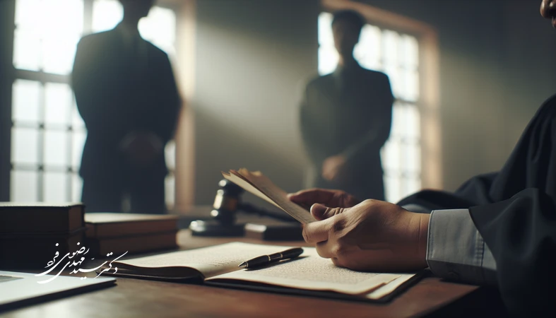 صحنه دادگاه کیفری ایرانی با قاضی در حال صدور حکم و تأکید بر کرامت انسانی متهم