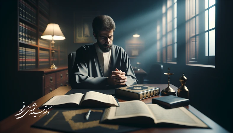 تصویر مرد ایرانی در دفتر حقوقی در حال تأمل بر اختیار انسان، عدالت خدا و مسئولیت در برابر خطا با قرآن و اسناد حقوقی روی میز