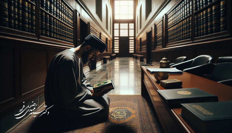 رنج انسان و عدالت خداوند در راهروی دادگاه با تصویر دستان فرد ایرانی و پرونده قضایی