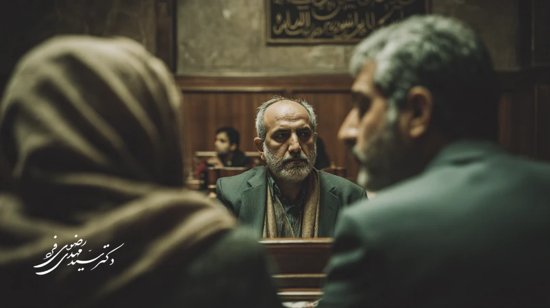 تصویر دادگاه با تاکید بر کرامت انسانی متهم و رفتار قضایی محترمانه در چارچوب تحلیل قرآنی و اخلاقی، با نور ملایم و حس آرامش