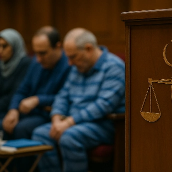 نمایی از سالن دادگاه کیفری ایران با تمرکز بر نشان رسمی عدالت روی جایگاه قاضی و حضور متهمان در پس‌زمینه؛ نمادی از روند رسیدگی قضایی و اجرای عدالت