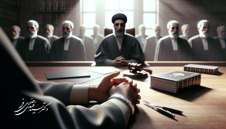 صحنه دادگاه ایرانی با تمرکز بر دستان قاضی و متهم روی میز چوبی، نماد رفتار قاضی و ضابطان و پیوند عدالت کیفری با کرامت انسانی