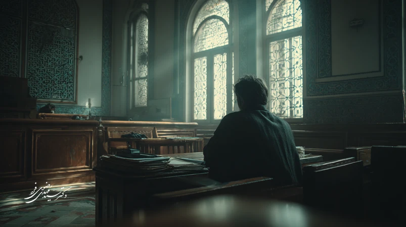 تصویر ادبی و واقع‌گرایانه از سکوت قاضی در دادگاه؛ مکث قاضی، پرونده‌های باز و نور نرم که مفهوم عدالت و لحظه‌های دادرسی را نمایان می‌کند