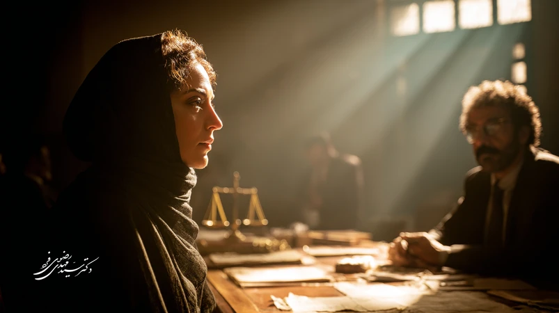 تصویر مفهومی از اقناع قضایی در دادگاه ایران: قاضی در حال سنجش ادله، پیوند روایت دفاع با نور، و تاکید بر تصمیم قضایی انسانی.