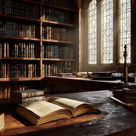 کتابخانه‌ای کلاسیک با قفسه‌های مملو از متون حقوقی و فلسفی؛ کتابی گشوده روی میز چوبی در نور طبیعی، نمادی از جست‌وجوی حقیقت و عدالت در منابع مکتوب