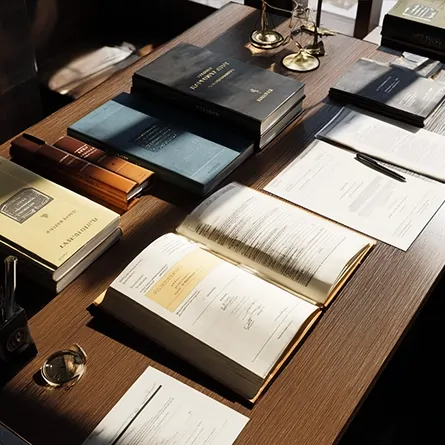 میز مطالعه حقوقی با کتاب‌های قانون، اسناد قضایی و یادداشت‌های تحلیلی؛ فضایی نمادین از دقت، مطالعه و استدلال در مسیر دفاع و عدالت