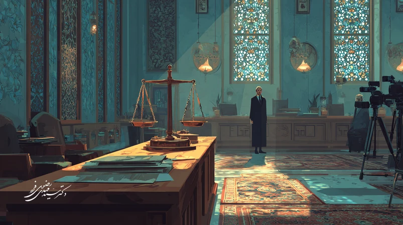 تصویر یک وکیل در دادگاه ایرانی با ترازوی عدالت؛ نمادی از اخلاق حرفه‌ای وکیل، رازداری، کرامت انسانی و مدیریت پرونده‌های حساس