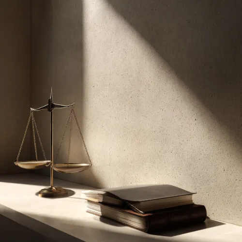 ترازوی عدالت و چند جلد کتاب حقوقی روی میز سنگی، با نور مورب و فضایی مینیمال و رسمی.
