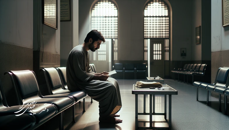 مرد متهم ایرانی در اتاق انتظار دادگاه در حال نوشتن نامه‌ای میان ترس، حقیقت و امید نجات