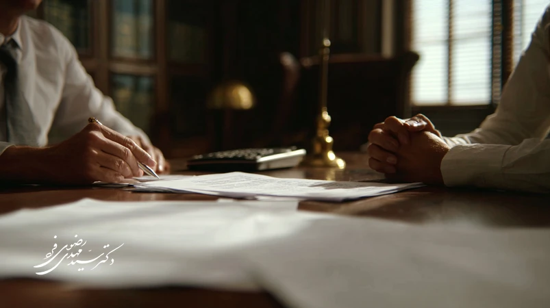 وکیل ایرانی در حال بررسی اسناد مالی برای اثبات یا رد سوءنیت در جرایم مالی در دفتر حقوقی