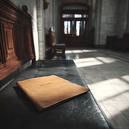 پرونده‌ای چرمی روی نیمکت راهروی دادگاه زیر نور طبیعی؛ نمادی از انتظار، تأمل و آغاز مسیر دفاع