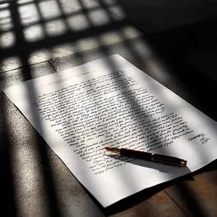 نامه‌ای دست‌نویس زیر سایه‌روشن میله‌ها و نور خورشید؛ تصویری از خلوت اندیشه، اعتراف یا روایت شخصی در روند دادرسی