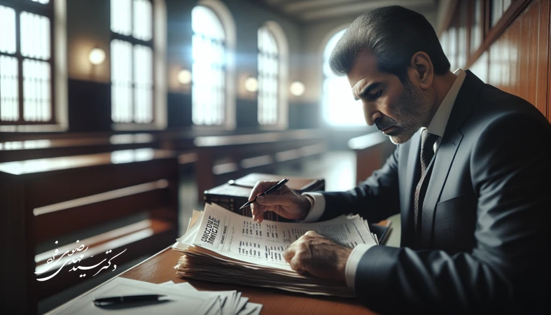 وکیل کیفری ایرانی در حال بررسی پرونده مشارکت در قتل و نقش متهمان روی میز چوبی دادگاه