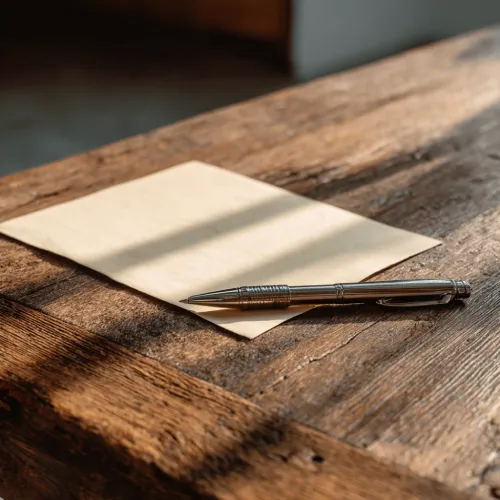 برگه کاغذ خام و خودکار فلزی روی میز چوبی قدیمی، در نور مورب پنجره.