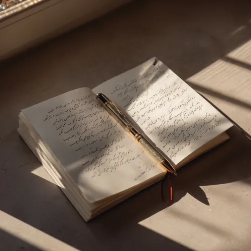 دفترچه دست‌نویس فارسی با خودکار طلایی روی صفحه، در نور مورب پنجره و سایه‌های نرم.