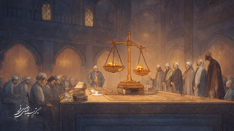تصویر مفهومی از دادگاه با ترازوی عدالت که قانون و اخلاق را می‌سنجد؛ تعارض میان قانون و وجدان انسانی در نظام عدالت کیفری ایران.