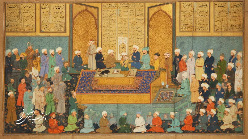 نگارگری کلاسیک ایرانی با صحنه داوری: قاضی بر سکوی بلند، میزان، جهت نگاه‌ها و هارمونی رنگ‌ها برای بازنمایی عدالت و حقیقت