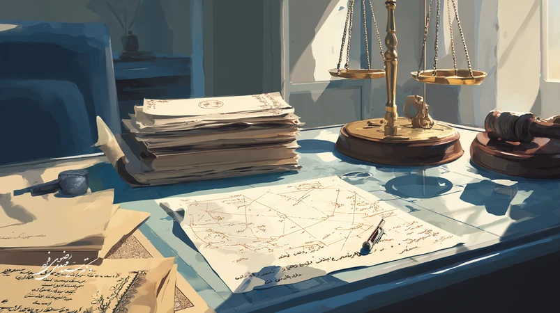 دادگاه ایرانی با وکیل مدافع و نمودار کارشناسی زاویه ضربه و شدت نیرو؛ تصویر مفهومی از تبدیل قتل عمد به شبه‌عمد بر پایه ادله و روایت دفاع