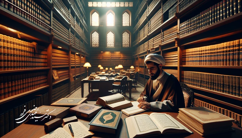 پژوهشگر حقوق ایرانی در کتابخانه، در حال مطالعه منابع قرآنی، فقهی و قانونی درباره قتل و قصاص