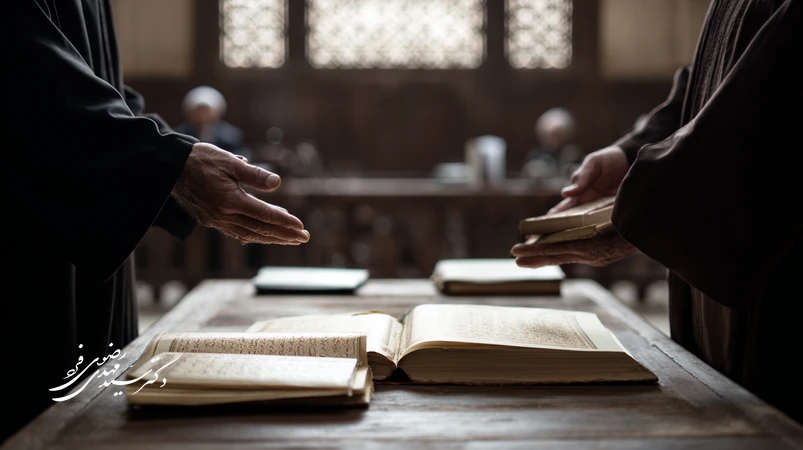 تصویر قاضی و وکیل ایرانی بر سر میز دادگاه با اسناد حقوقی و قرآن باز، در حال بررسی مفهوم قصاص و عدالت کیفری