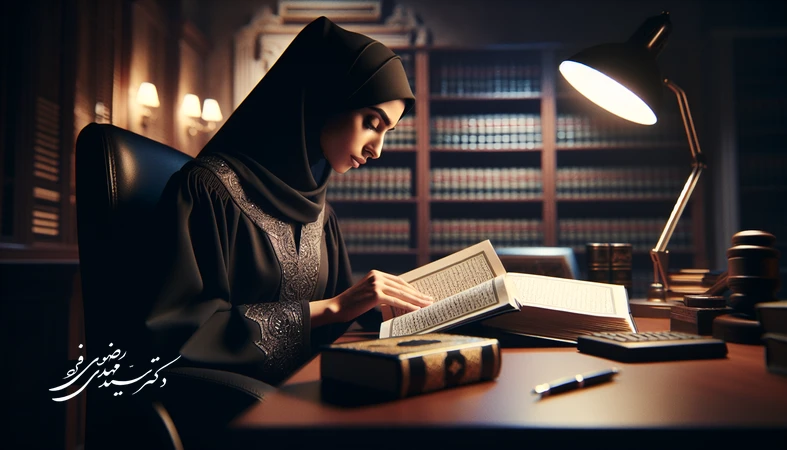 قاضی ایرانی در حال مطالعه پرونده و قرآن روی میز دادگاه، نماد امانت‌داری قضایی در نگاه قرآن و مسئولیت سنگین حکم