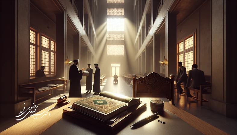 قرآن باز روی میز کنار پرونده‌های حقوقی در راهروی دادگاه ایرانی به عنوان نماد پیوند عدالت و رحمت در نظام قضایی