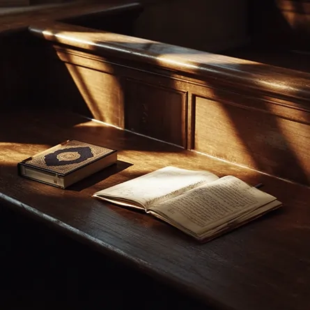 قرآن و یک دفتر تفسیری باز روی میز چوبی زیر نور طبیعی؛ نمادی از پیوند قرآن، عدالت و فهم اخلاقی در روند دادرسی