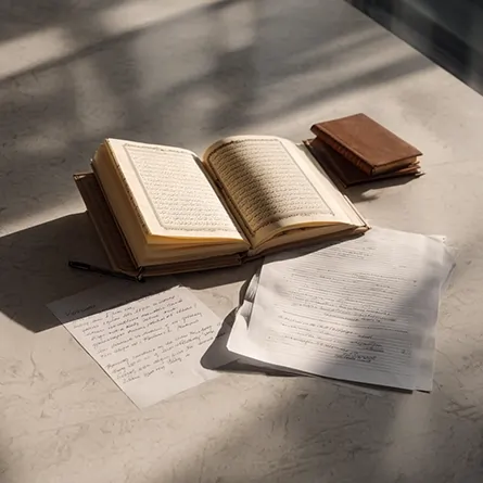 کتاب قرآن باز در کنار برگه‌های حقوقی و یادداشت‌های فقهی؛ تصویری از هم‌نشینی آموزه‌های قرآنی با تحلیل‌های حقوق کیفری