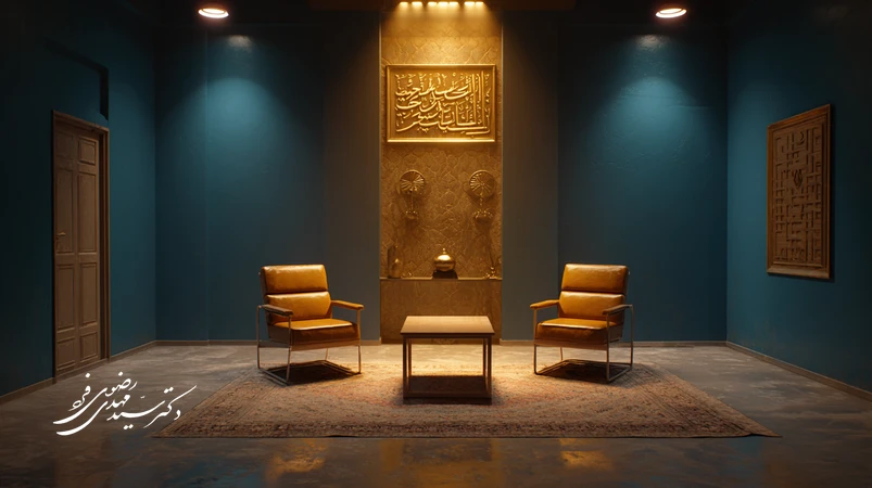 تصویر بازجویی کرامت‌محور الهام‌گرفته از قرآن؛ اتاق روشن با گفت‌وگوی محترمانه و خوشنویسی «ولقد کرمنا بنی‌آدم» روی دیوار، نماد اخلاق و عدالت