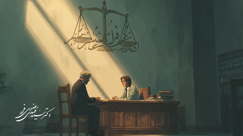 تصویر اتاق بازجویی انسانی با رویکرد قرآنی؛ بازجو محترمانه گوش می‌دهد، نماد ترازو و خوشنویسی عربی؛ تاکید بر کرامت، صداقت و انصاف.