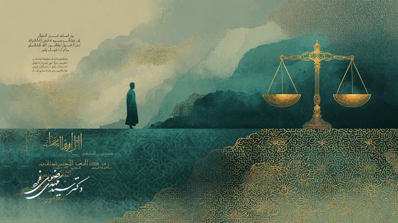 تصویر مفهومی عدالت در قرآن با ترازوی نور، خوشنویسی آیه «إِنَّ اللَّهَ یَأْمُرُ بِالْعَدْلِ وَالْإِحْسَانِ» و پیوند حقیقت، کرامت انسانی و رحمت