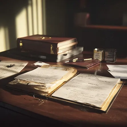 میز کار حقوقی با پرونده‌های قدیمی، یادداشت‌های دست‌نویس و کیف چرمی؛ نمادی از روایت دفاع و بازخوانی دقیق مسیر پرونده