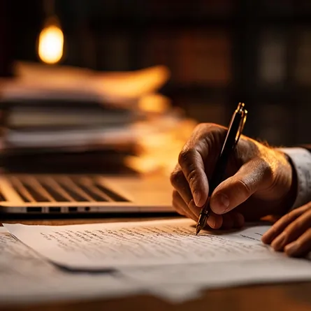 دست وکیل در حال نوشتن یادداشت‌های دفاعی کنار لپ‌تاپ و اسناد قضایی؛ تصویری از شکل‌گیری روایت دفاع و تحلیل حقوقی در سکوت و تمرکز