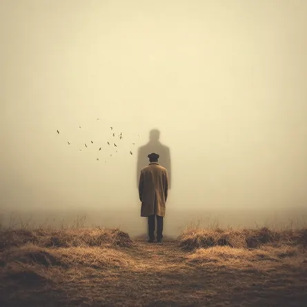 مردی ایستاده در فضای مه‌آلود با سایه‌ای بلند پشت سر او؛ تصویری استعاری از بار روانی پرونده و روایت درونی دفاع.