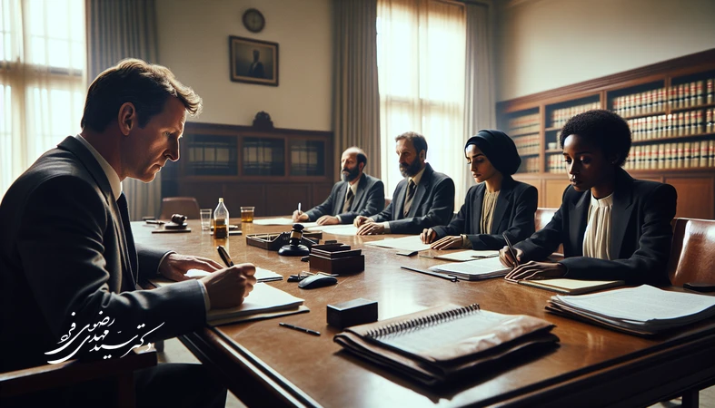 جلسه میانجی‌گری در یک اتاق دادگاه ایرانی با حضور میانجی و دو طرف نزاع در چارچوب عدالت ترمیمی