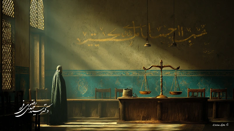 تصویر معنوی از دادگاه ایرانی با شاهدی صادق؛ خوشنویسی آیه «وأقيموا الشهادة لله»، ترازو و نور طلایی؛ نماد صدق در شهادت و عدالت قرآنی.