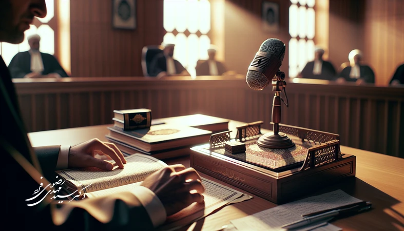 جایگاه شاهد در دادگاه کیفری ایران با اسناد حقوقی و قرآن روی میز، به‌عنوان نمادی از مفهوم شهادت در حقوق کیفری