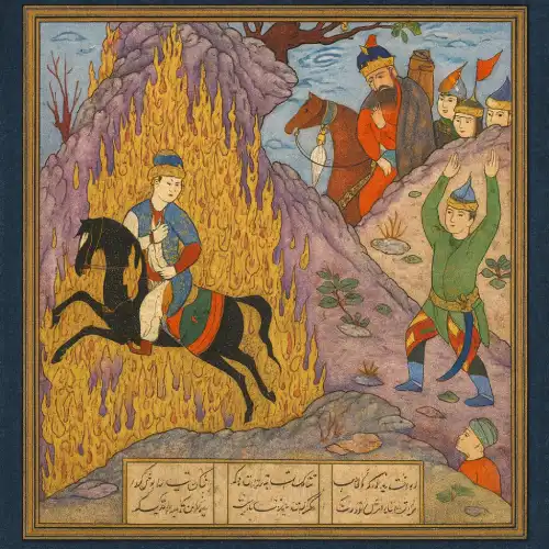 نگاره‌ای از شاهنامه که سیاوش با اسب سیاه خود در آزمون آتش می‌تازد؛ صحنه‌ای نمادین از بی‌گناهی، عدالت‌جویی و داوری الهی در داستان سیاوش.