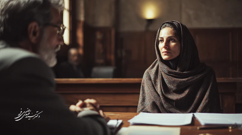 وکیل در دادگاه ایران با لحن آرام و ساختارمند در حال دفاع شفاهی برای همراه‌کردن قاضی؛ تاکید بر زبان بدن، ریتم گفتار و وضوح ادله