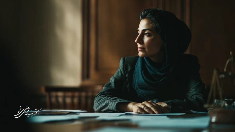 تصویر خطابه دفاعی موفق در دادگاه کیفری ایران؛ وکیل با لحن آرام، وقار و زبان بدن کنترل‌شده در حال جمع‌بندی اقناعی بر پایه ادله مستند.