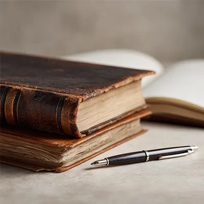 کتاب‌های حقوقی قدیمی و قلم روی میز تحریر؛ نمادی از دانش، مطالعه و بنیان‌های نوشتار حقوقی