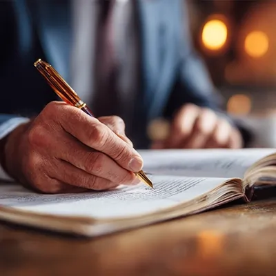 دست نویسنده در حال نگارش متن حقوقی در دفتر؛ لحظه شکل‌گیری اندیشه و استدلال حقوقی