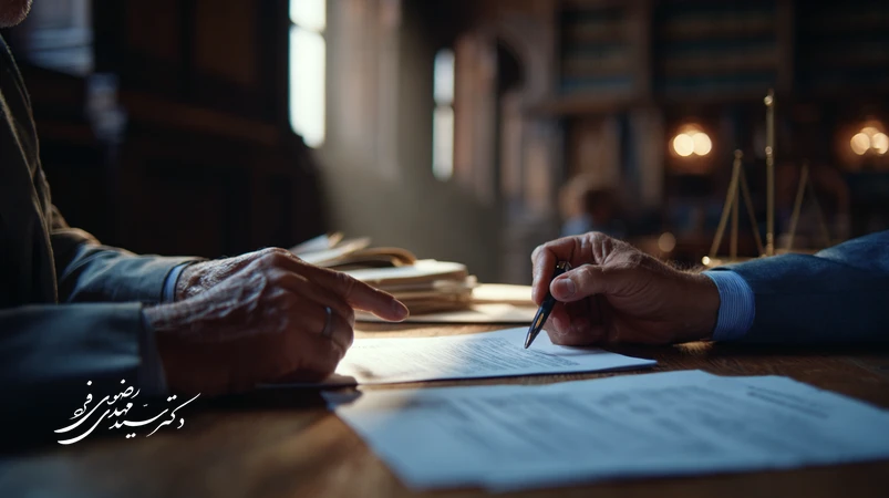 وکیل کیفری ایرانی در حال بررسی اسناد بانکی و پرونده تحصیل مال نامشروع همراه با موکل نگران