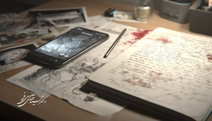 میز کار شامل یادداشت‌ها، تصاویر و گوشی در حال بررسی شواهد یک پرونده قتل غیرعمد در تصادف؛ تحلیل مسئولیت، دیه و مسیرهای دفاعی