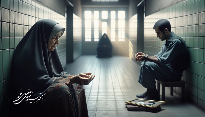 راهروی دادگاه ایرانی با مادر داغدار و متهم نشسته روبه‌روی هم، نماد رنج قربانی و رنج متهم در جست‌وجوی عدالت کیفری