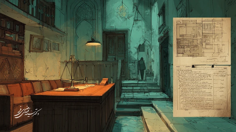تصویر مفهومی از پرونده ضرب‌وجرح: سالن دادگاه ایرانی، گزارش پزشکی قانونی و قاب دوربین مداربسته از درگیری کنار پله ورودی، تاکید بر روایت و تحلیل ادله.