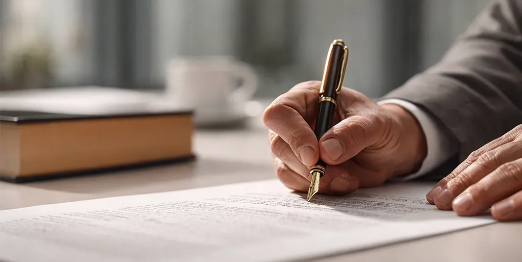 امضای سند حقوقی با قلم رسمی؛ نماد تعهد، مسئولیت و تصمیم نهایی حقوقی